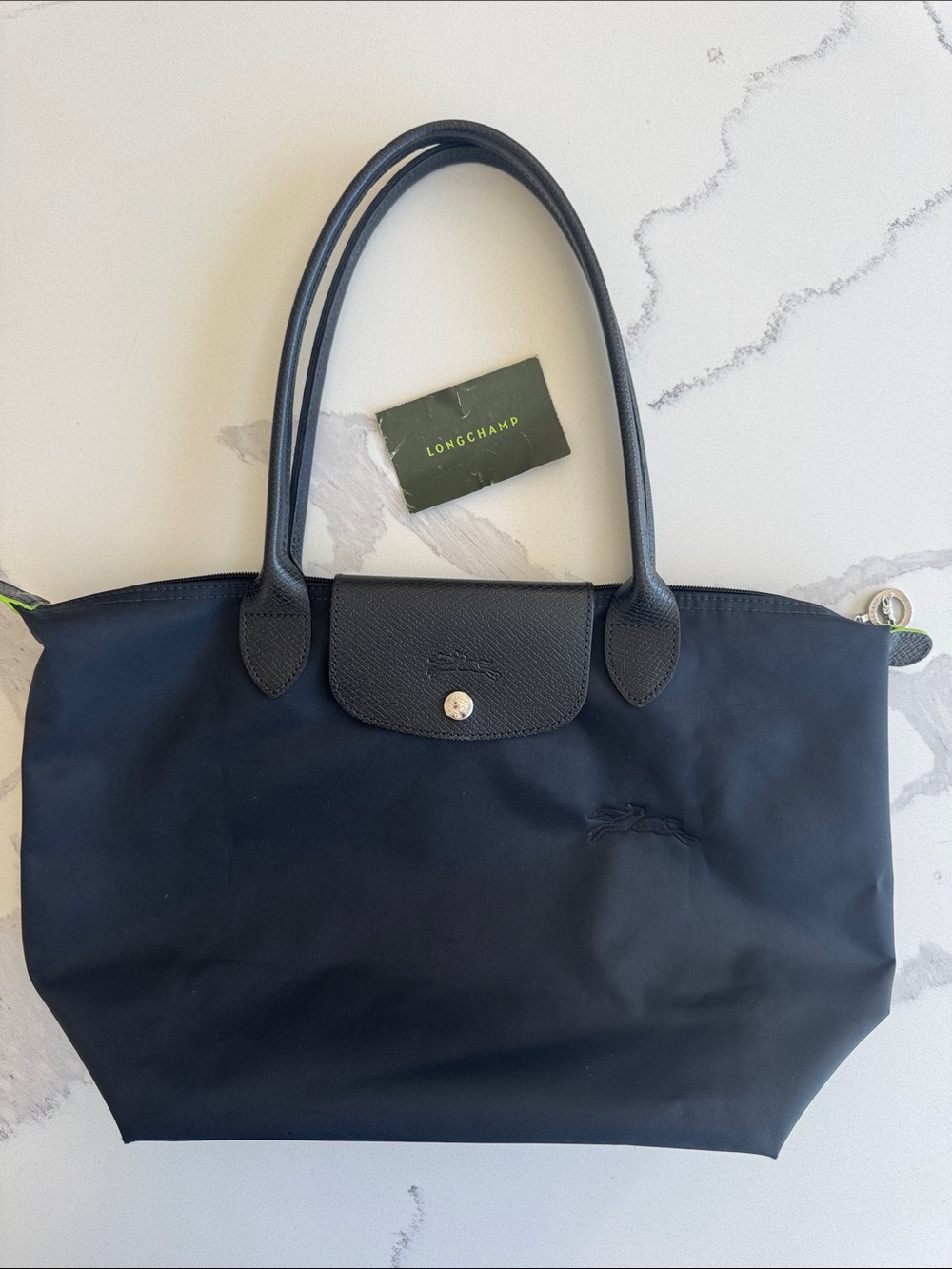 Longchamp Le Pliage Néo Medium Tote Long Handles Black lime green accents bag